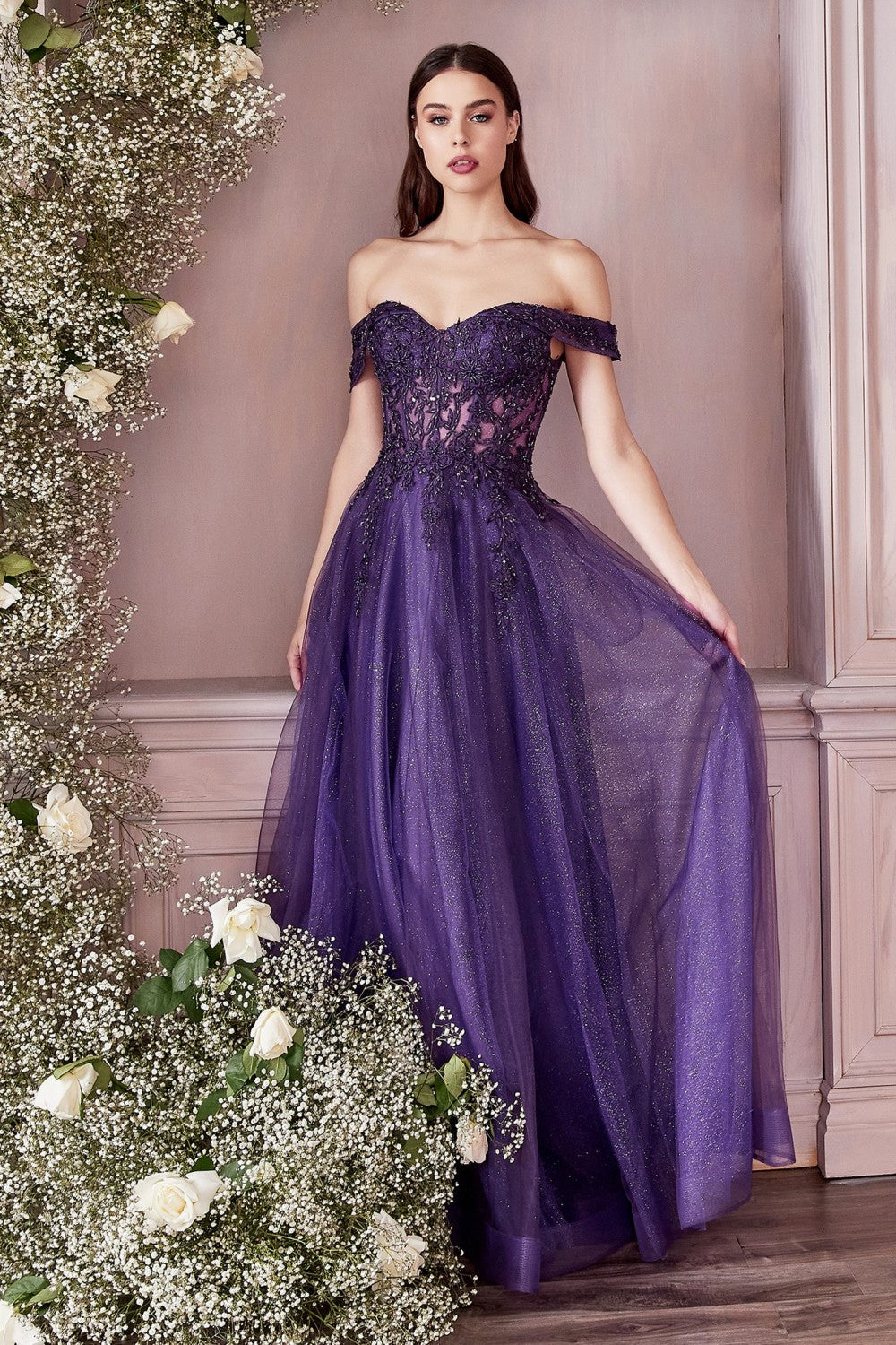 Off the Shoulder Lace Bodice Tulle A-Line Gown by Cinderella Divine CD961 - Special Occasion/Curves