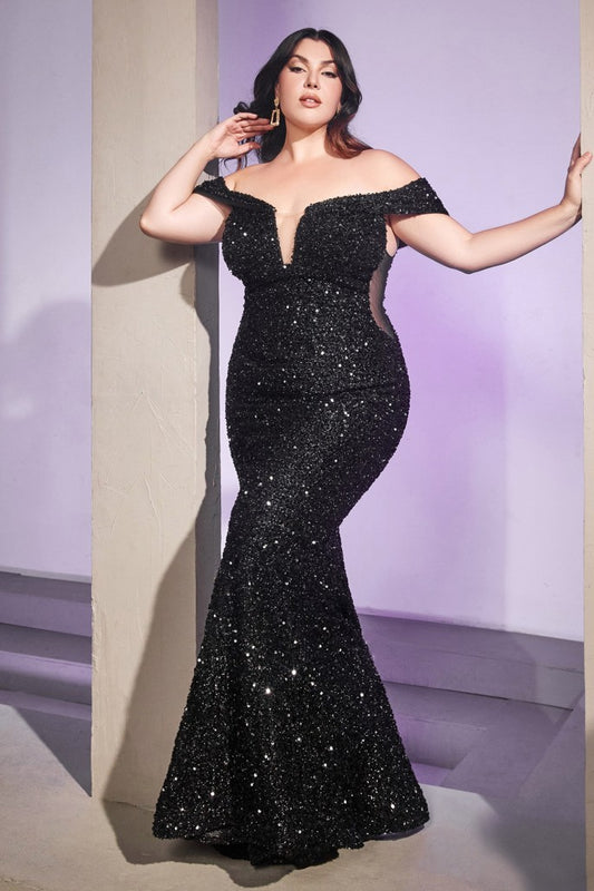 Off The Shoulder Sequins Mermaid Gown by Cinderella Divine CD975C - Curves