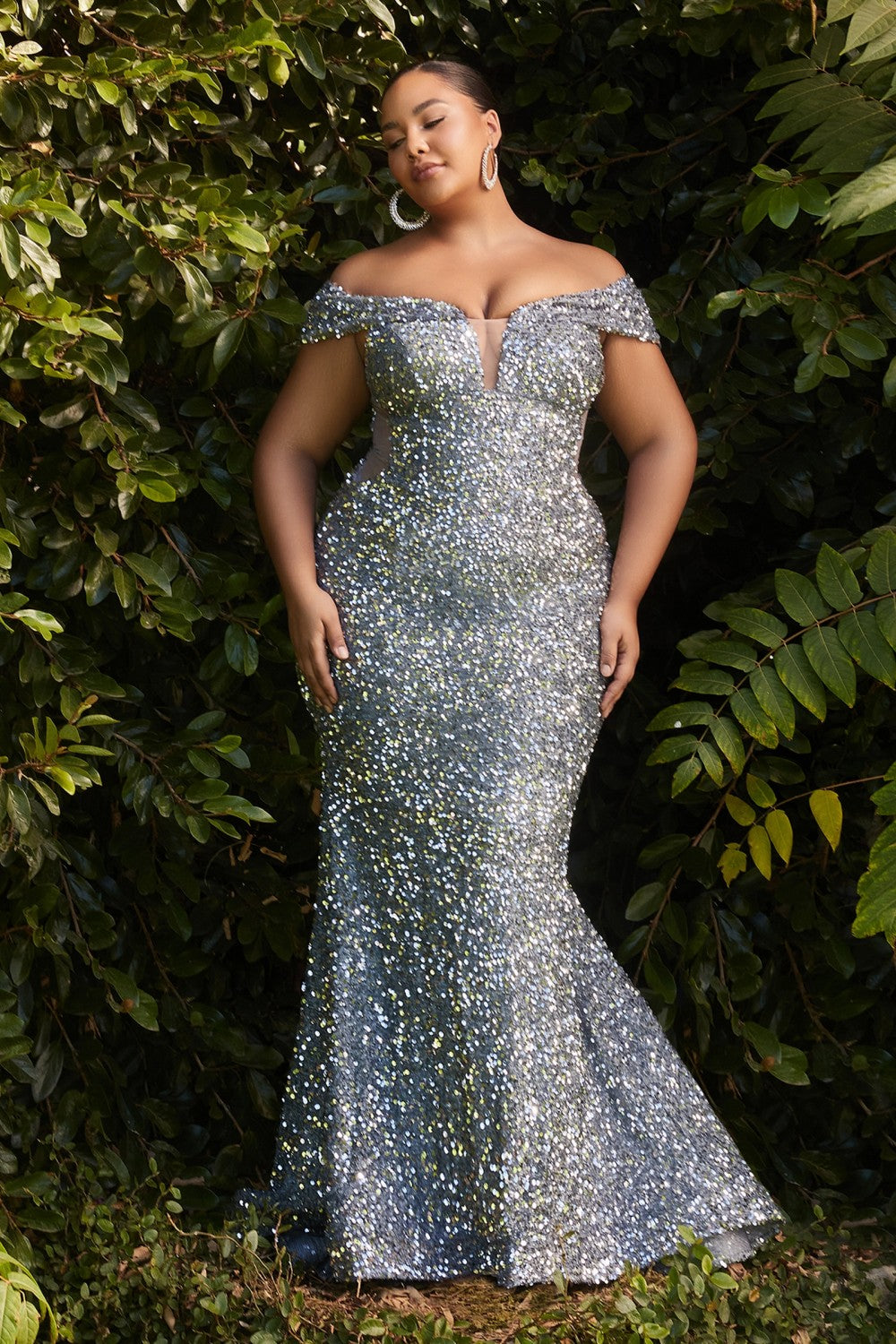 Off The Shoulder Sequins Mermaid Gown by Cinderella Divine CD975C - Curves