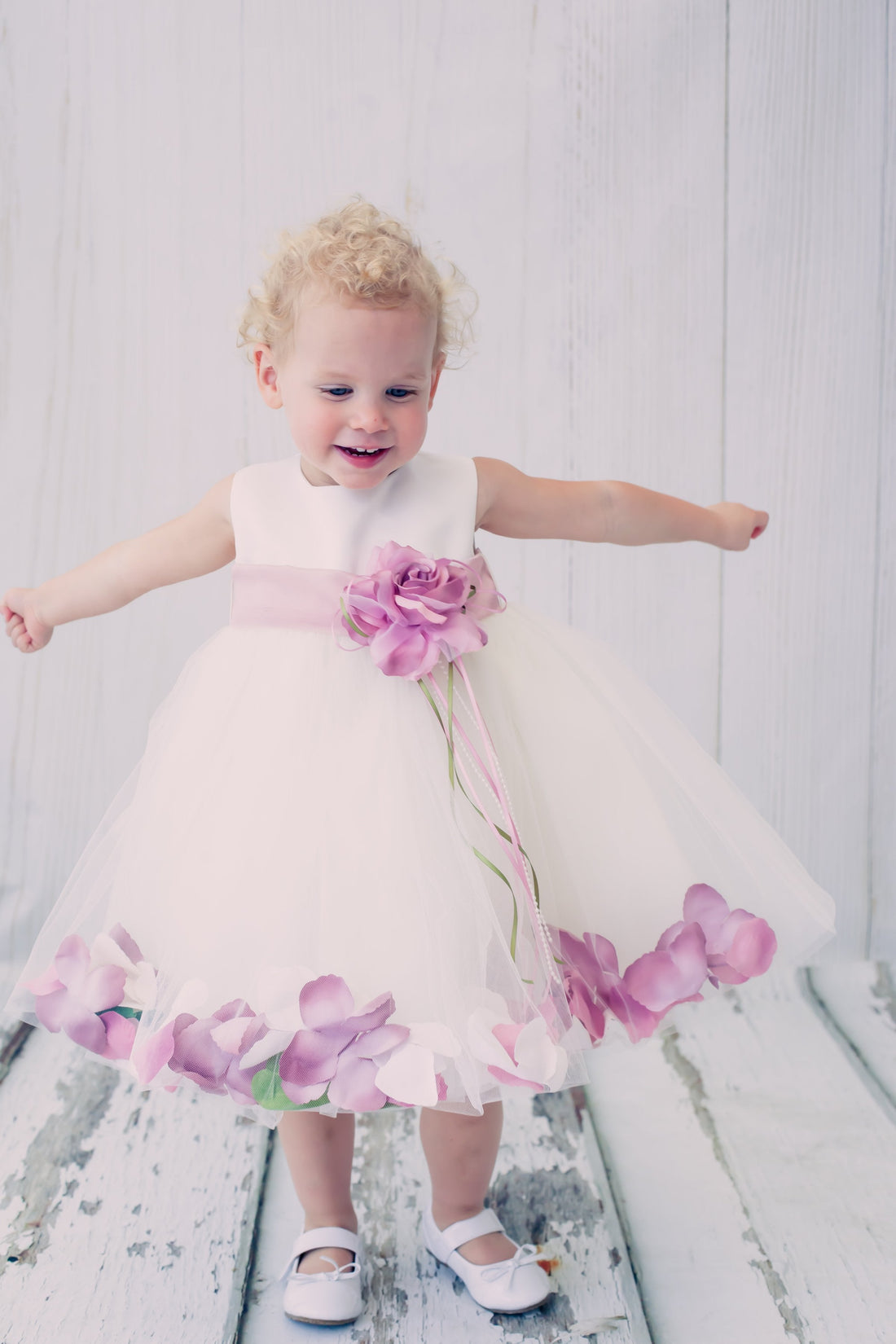 Baby White Satin Flower Petal with Organza Sash Flower Girl Dress- AS195B Kids Dream