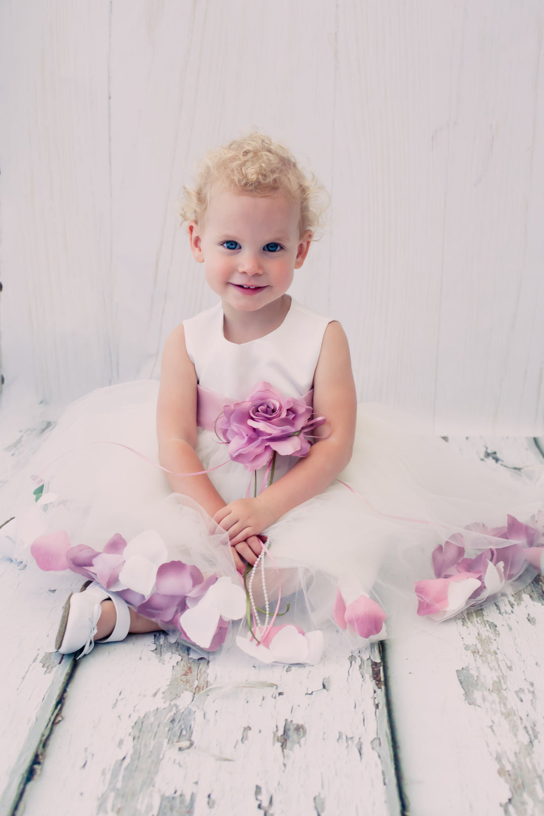 Baby White Satin Flower Petal with Organza Sash Flower Girl Dress- AS195B Kids Dream