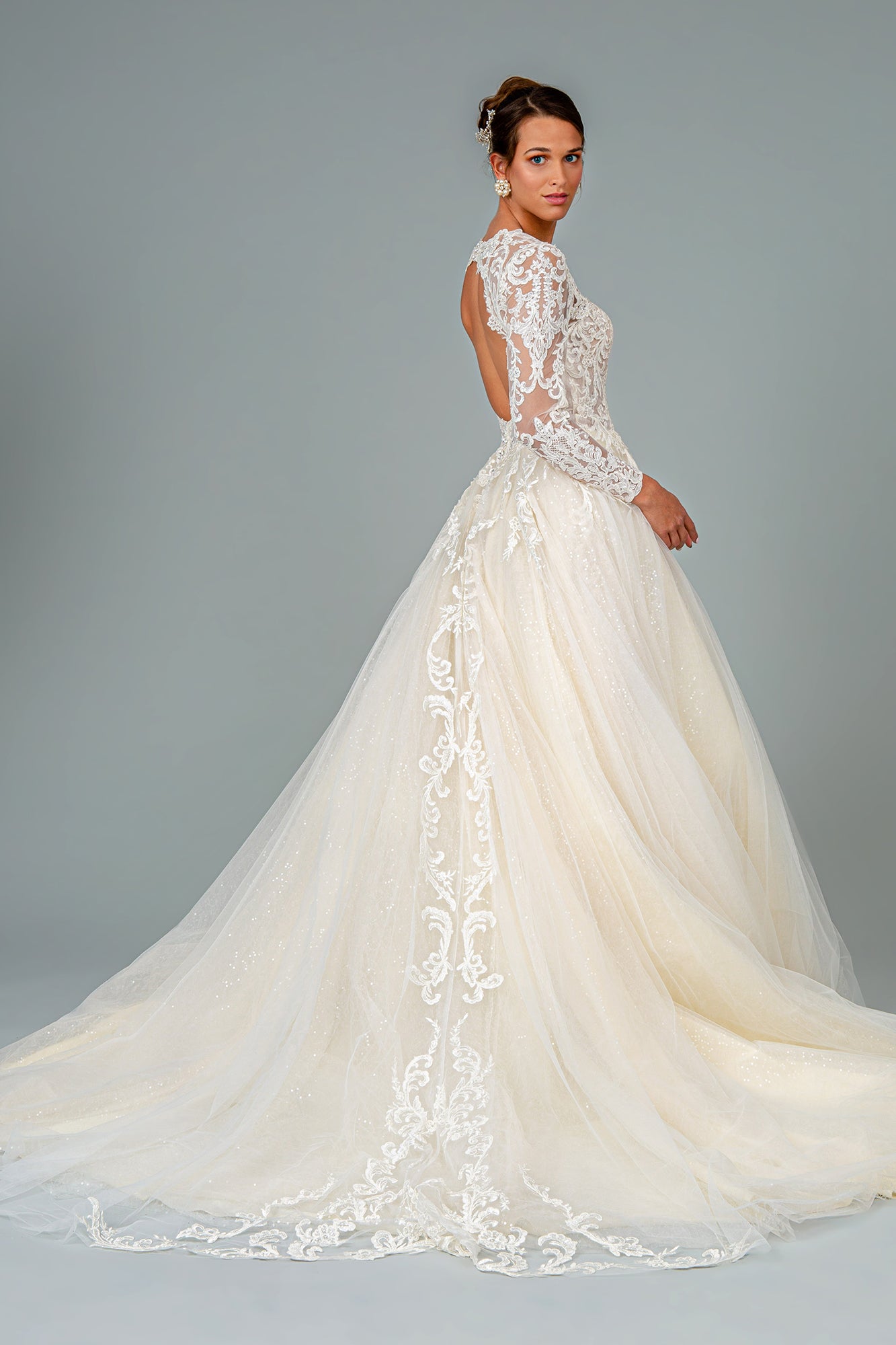 GLS by Gloria -GL1804 Embroidered Long Sleeve Bridal A-Line Gown