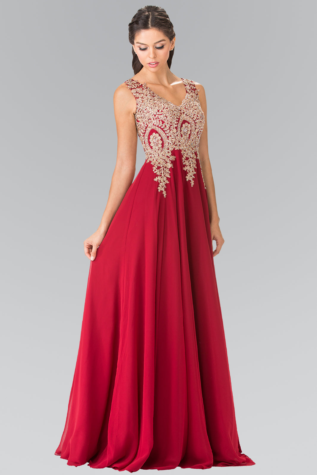 Embroidered Chiffon V-Neck Dress by Elizabeth K - GL2311 -Special Occasion/Curves