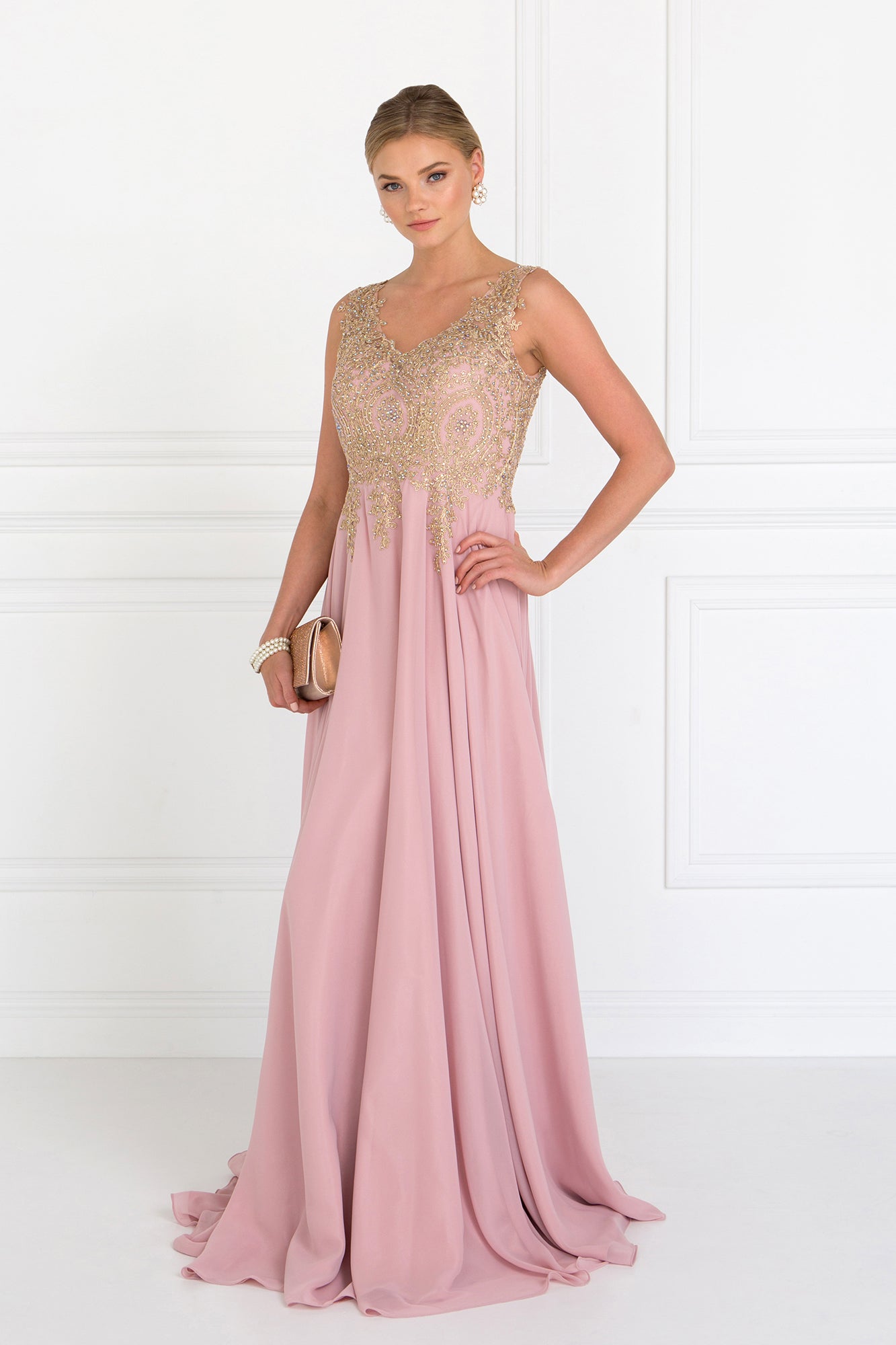 Embroidered Chiffon V-Neck Dress by Elizabeth K - GL2311 -Special Occasion/Curves