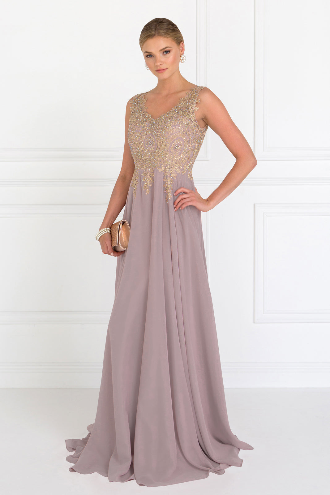 Embroidered Chiffon V-Neck Dress by Elizabeth K - GL2311 -Special Occasion/Curves