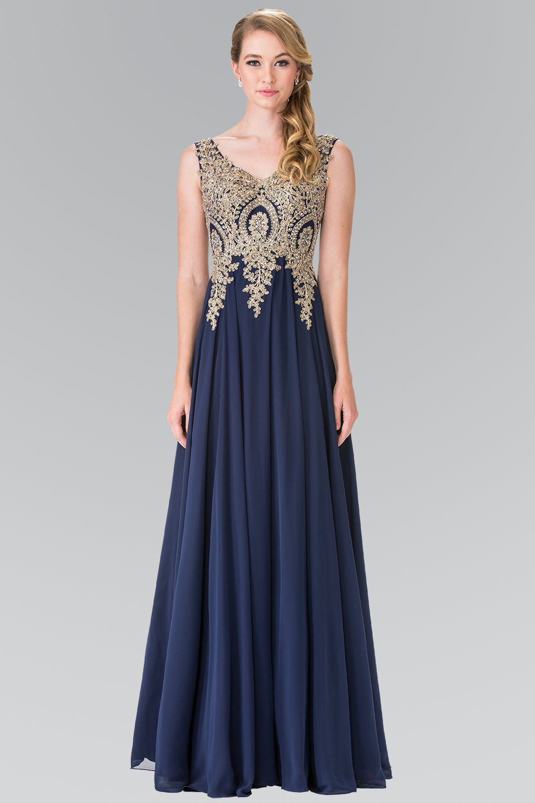 Embroidered Chiffon V-Neck Dress by Elizabeth K - GL2311 -Special Occasion/Curves