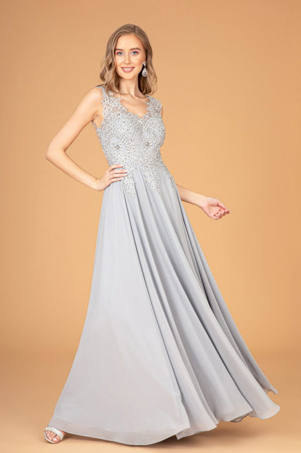 Embroidered Chiffon V-Neck Dress by Elizabeth K - GL2311 -Special Occasion/Curves