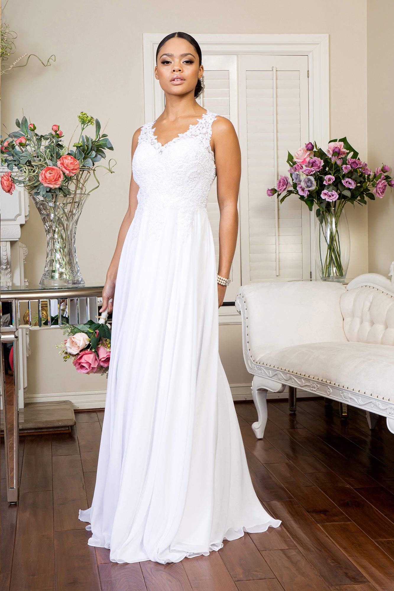 Embroidered Chiffon V-Neck Dress by Elizabeth K - GL2311 -Special Occasion/Curves