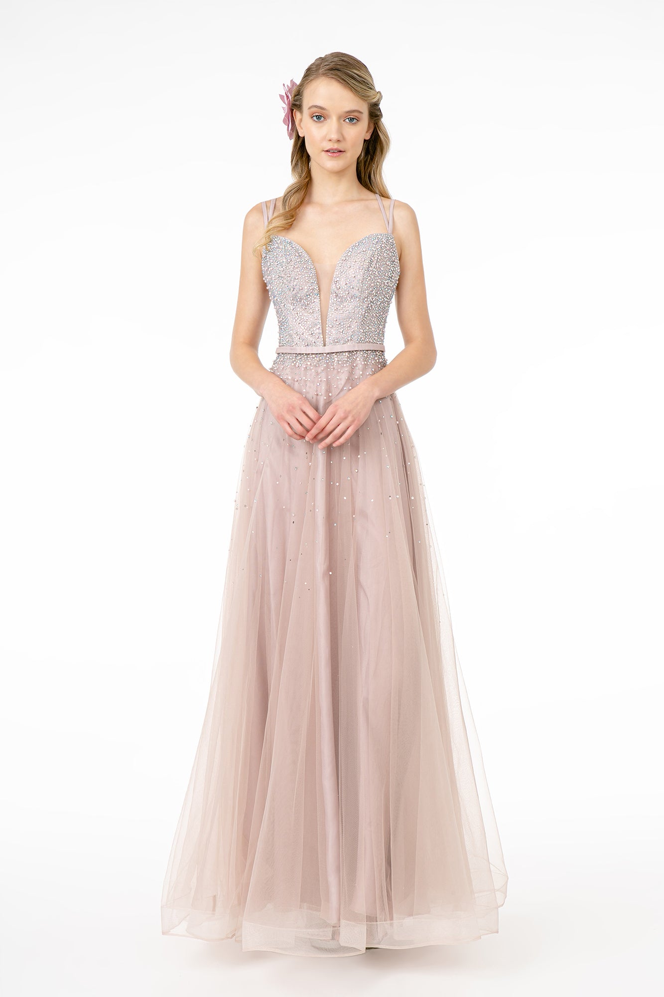 Jewel Embellished Tulle A-Line Dress w/ Strap Back- GL2892 by Elizabeth K - Special Occasion