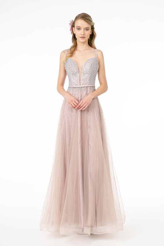 Jewel Embellished Tulle A-Line Dress w/ Strap Back- GL2892 by Elizabeth K - Special Occasion