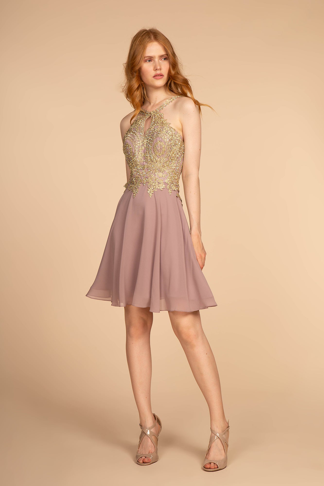 Elizabeth K - GS1615 - Embroidered Bodice Chiffon Cocktail Dress - Short