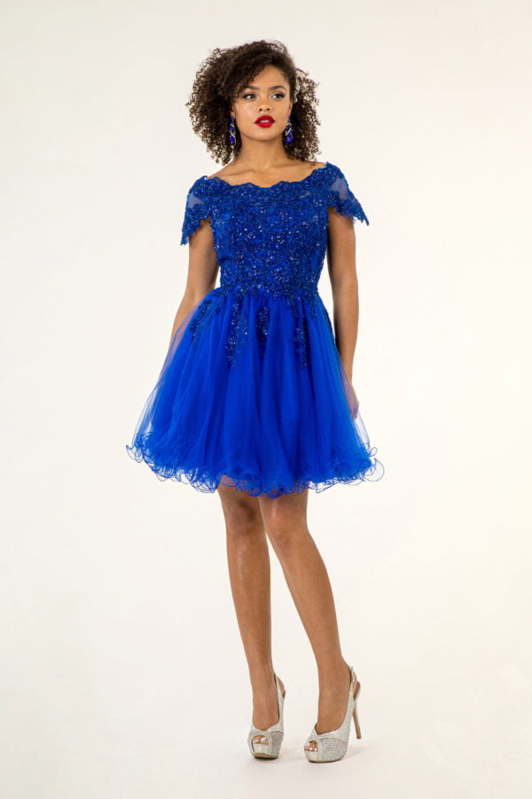 Elizabeth K - GS1953 - Embroidered Boat Neck Tulle Cocktail Dress - Short