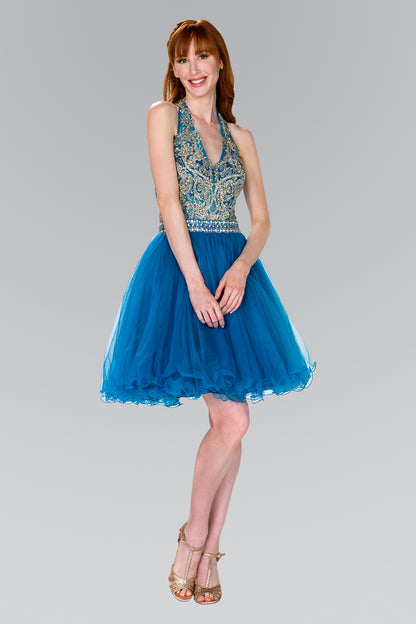 Elizabeth K - GS2382 - Layered Tulle V-Neck Halter Cocktail Dress - Short