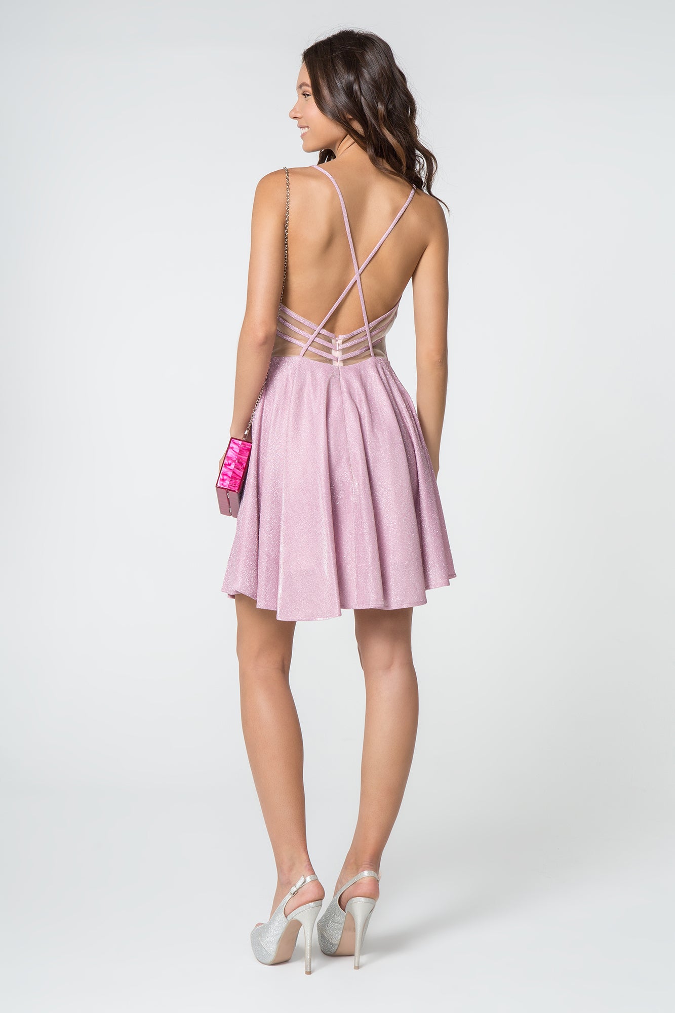 Elizabeth K - GS2839 - V-Neck Glitter Crepe Cocktail Dress - Short