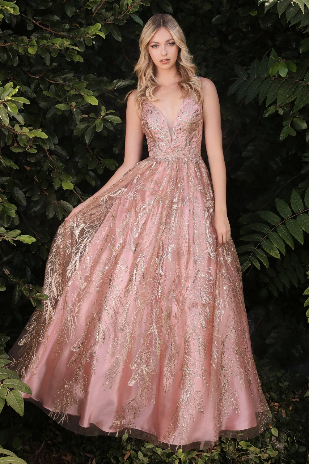 Floral Glitter Print Ball Gown by Cinderella Divine - J812 - Special Occasion/Curves