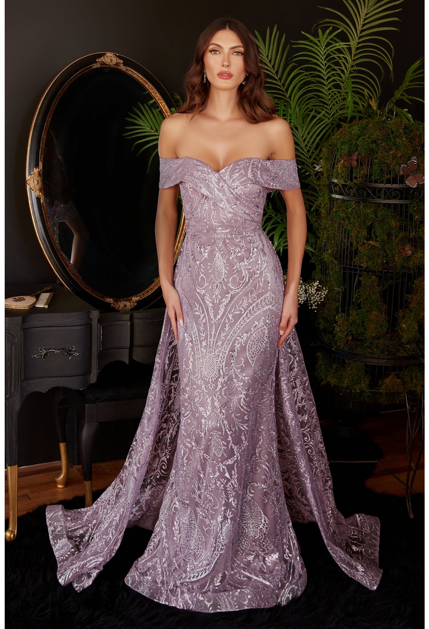 Off The Shoulder Puff Sleeve with Over Skirt Gown By Ladivine J836 - Women Evening Formal Gown - Special Occasion/Curves